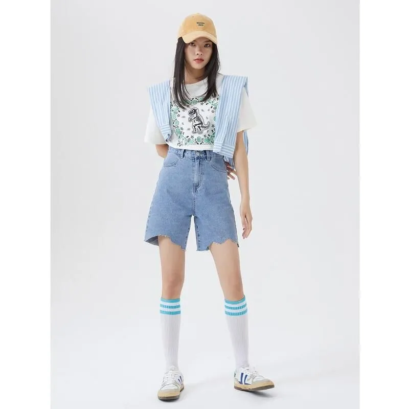 100% Cotton Solid Color A-Line Bermuda Denim Shorts