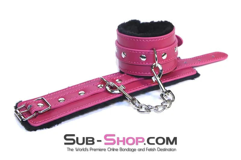9049DL-SIS      Fur Lined Sex Bomb Pink Ankle Sissy Slut Bondage Cuffs and Chain Set