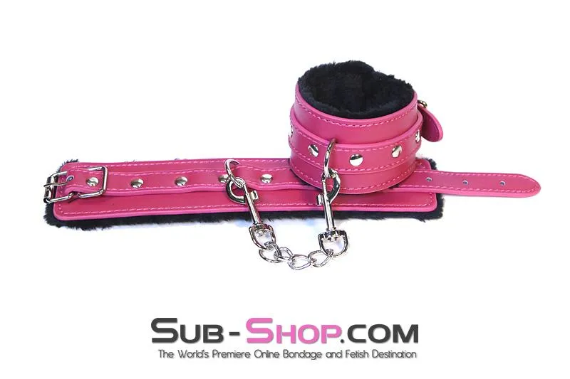 9049DL-SIS      Fur Lined Sex Bomb Pink Ankle Sissy Slut Bondage Cuffs and Chain Set