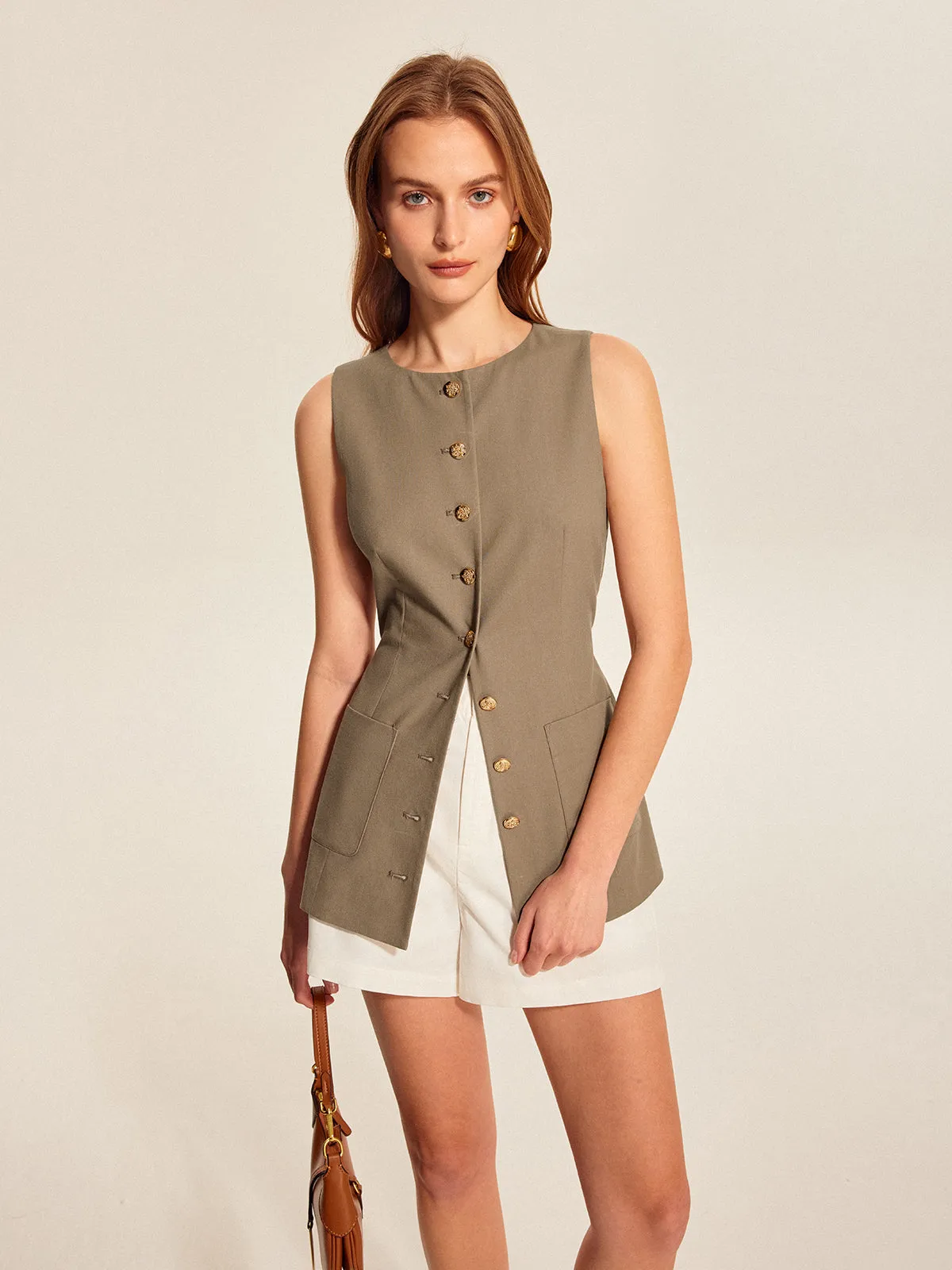Asymmetric Button Pocket Detail Vest