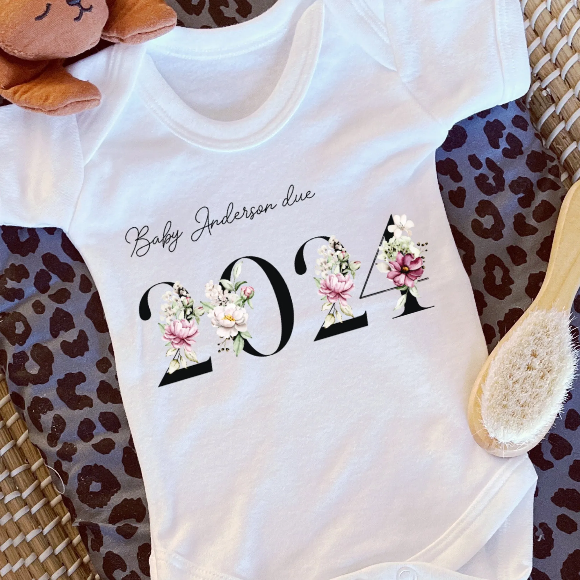 Baby Due in 2024 Baby Vest, Personalised Unisex Baby Sleepsuit, Personalised Floral Baby Romper, New Baby Gift, Baby Girl Announcement Vest