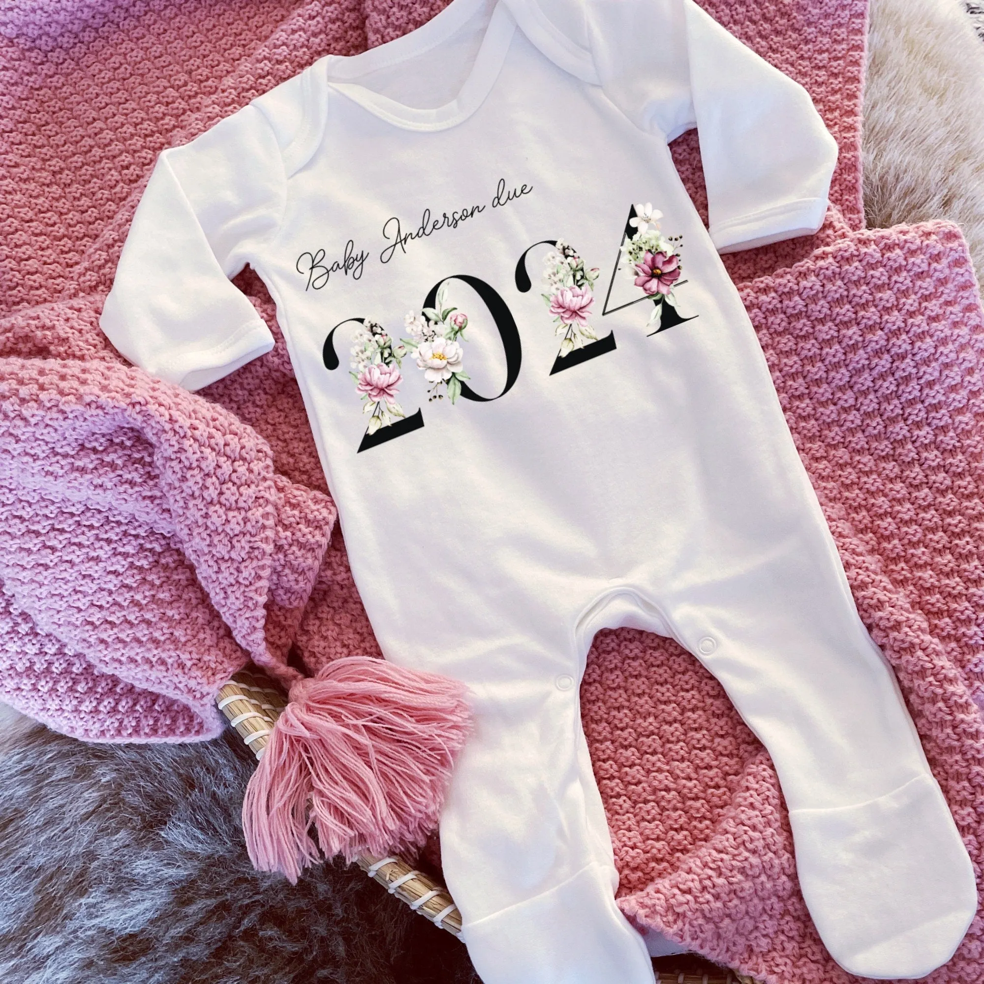 Baby Due in 2024 Baby Vest, Personalised Unisex Baby Sleepsuit, Personalised Floral Baby Romper, New Baby Gift, Baby Girl Announcement Vest