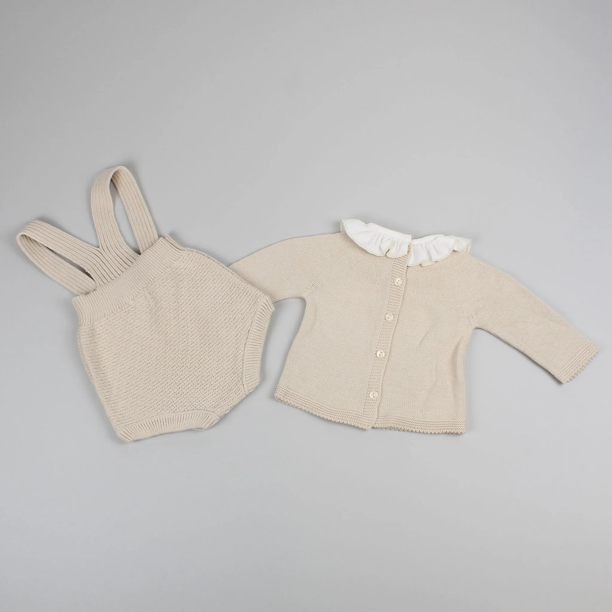 Baby Girls 2 Piece Knitted Outfit - Jam Pants and Top - Beige