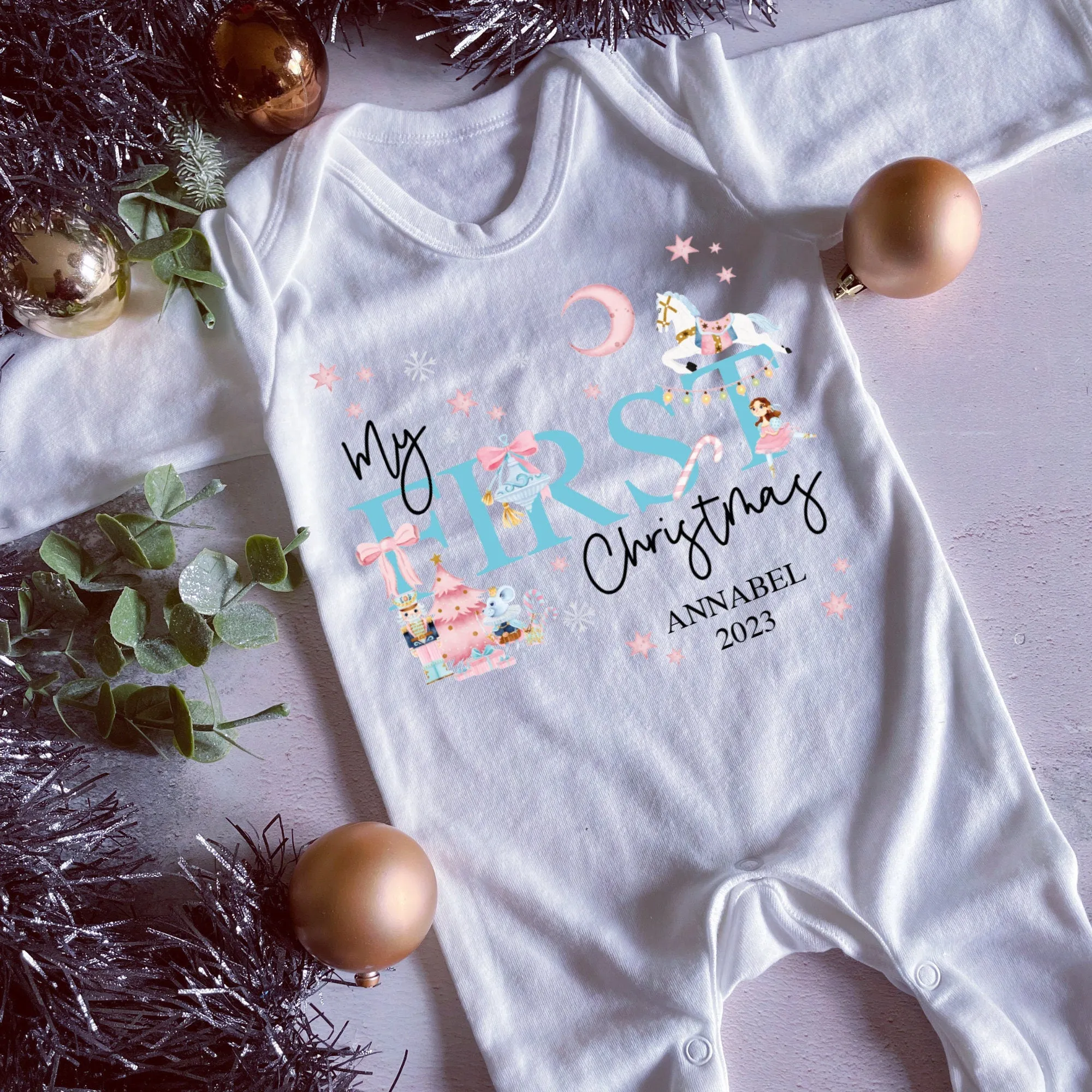 Baby Girls Nutcracker Ballerina, My First Christmas Outfit, 1st Christmas Baby Gift, Personalised Vest, Newborn Xmas Sleepsuit, Babygrow