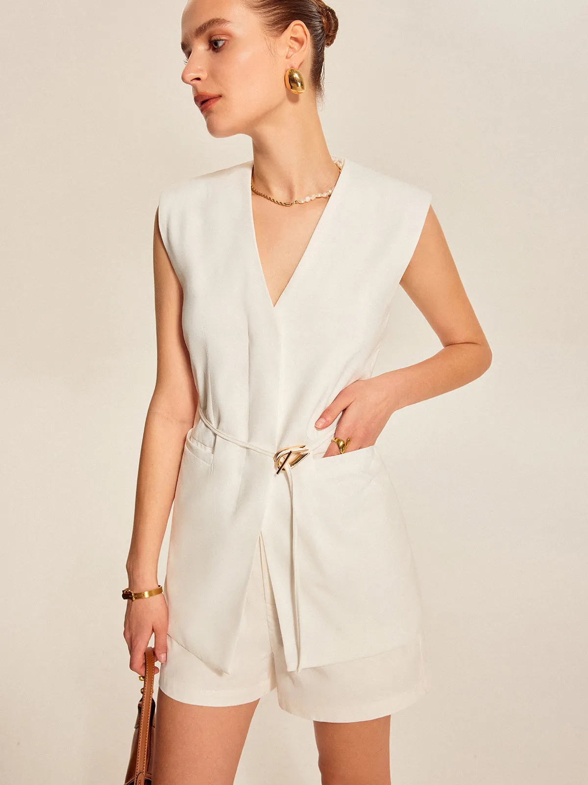 Belted V-Neck Sleeveless Vest