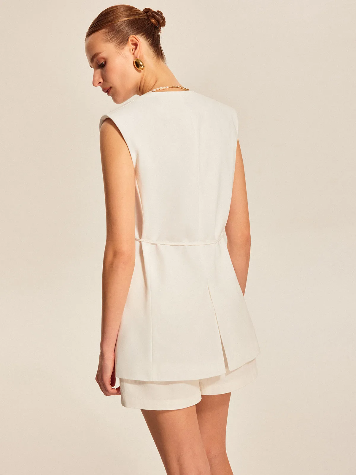 Belted V-Neck Sleeveless Vest