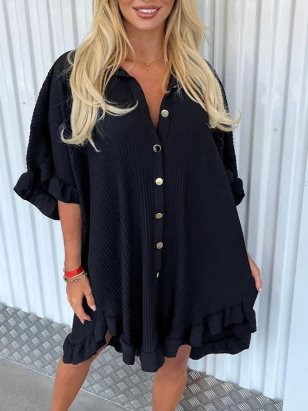 BerryBetty - New Solid Color Shirt Dress Ruffle Sleeve Irregular Shirt Dress
