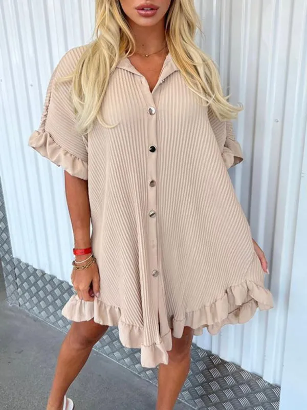 BerryBetty - New Solid Color Shirt Dress Ruffle Sleeve Irregular Shirt Dress