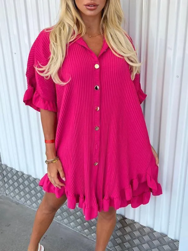 BerryBetty - New Solid Color Shirt Dress Ruffle Sleeve Irregular Shirt Dress