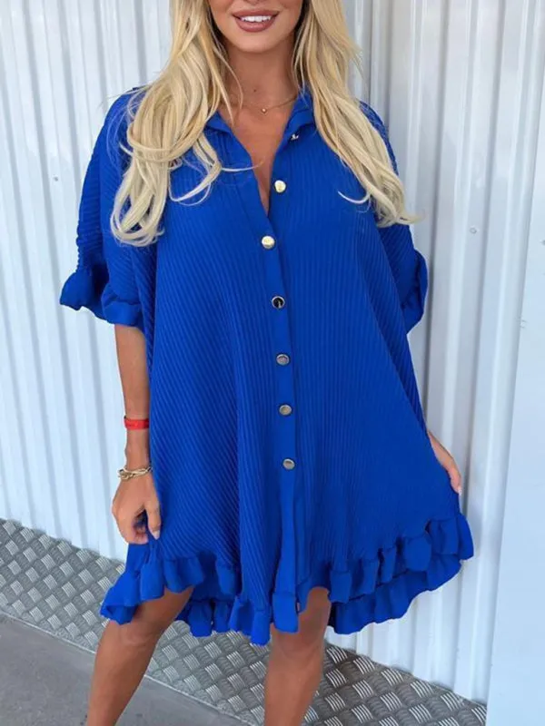 BerryBetty - New Solid Color Shirt Dress Ruffle Sleeve Irregular Shirt Dress