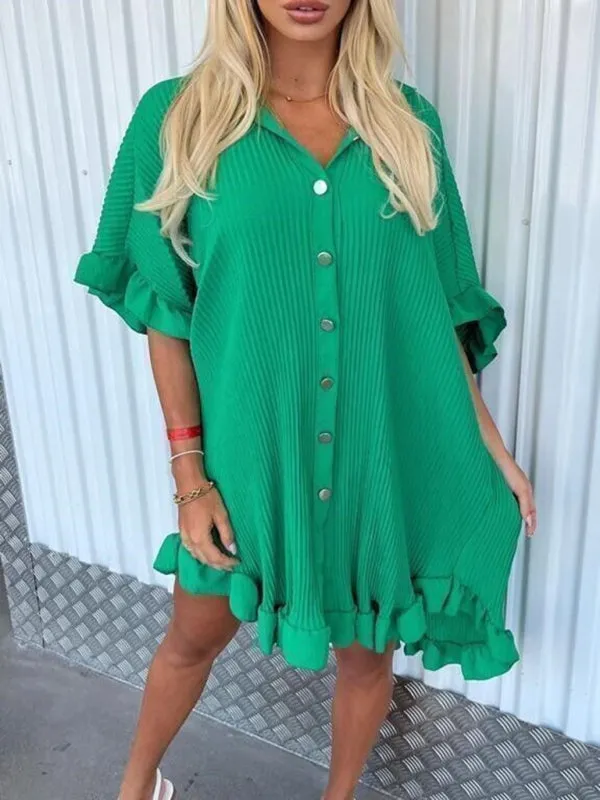BerryBetty - New Solid Color Shirt Dress Ruffle Sleeve Irregular Shirt Dress