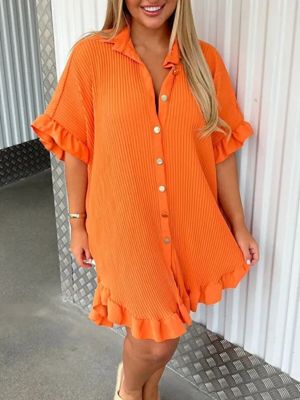 BerryBetty - New Solid Color Shirt Dress Ruffle Sleeve Irregular Shirt Dress
