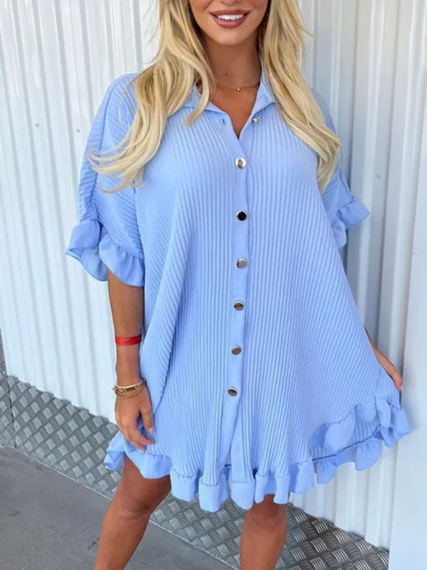 BerryBetty - New Solid Color Shirt Dress Ruffle Sleeve Irregular Shirt Dress