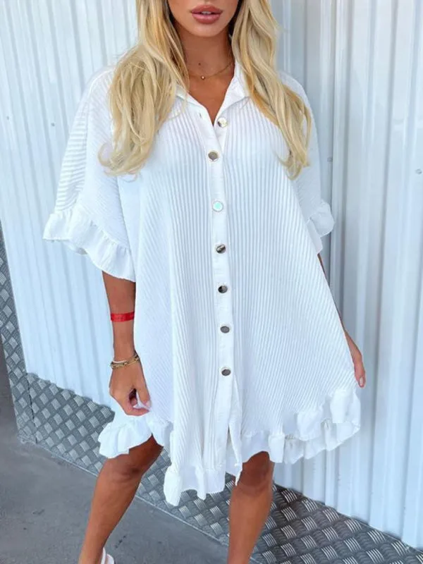 BerryBetty - New Solid Color Shirt Dress Ruffle Sleeve Irregular Shirt Dress