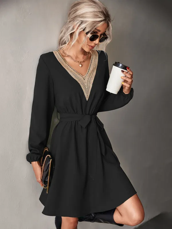 BerryBetty - Women's Fashion V-neck lace long-sleeved dress