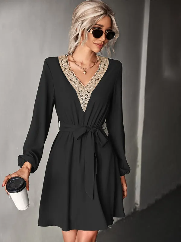 BerryBetty - Women's Fashion V-neck lace long-sleeved dress