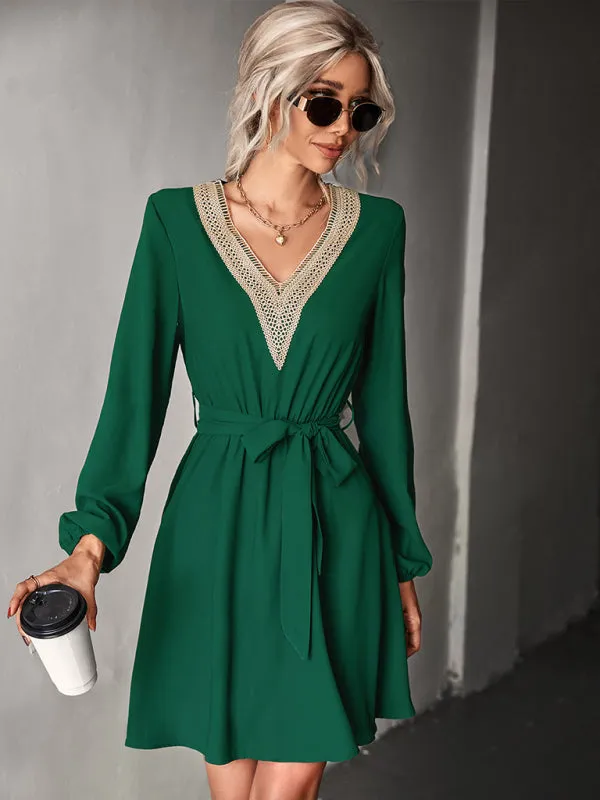 BerryBetty - Women's Fashion V-neck lace long-sleeved dress