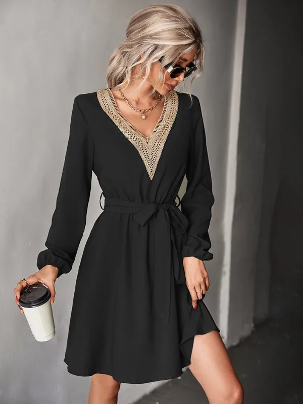 BerryBetty - Women's Fashion V-neck lace long-sleeved dress