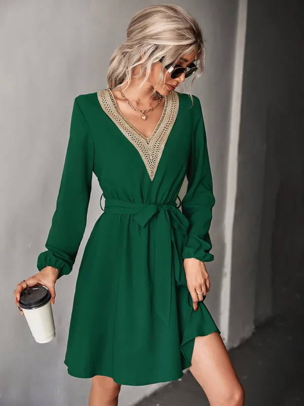 BerryBetty - Women's Fashion V-neck lace long-sleeved dress