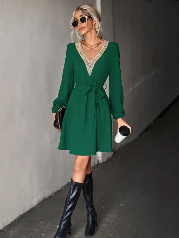 BerryBetty - Women's Fashion V-neck lace long-sleeved dress