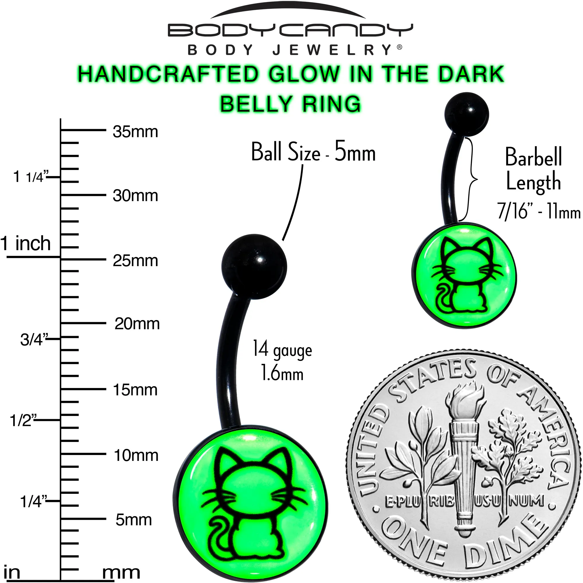 Black Anodized Glow in the Dark Kitty Cat Belly Ring