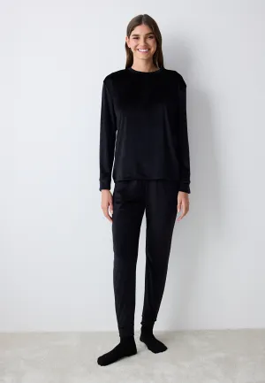 Black Fuzzy Solid Black Pants Pajama Bottoms