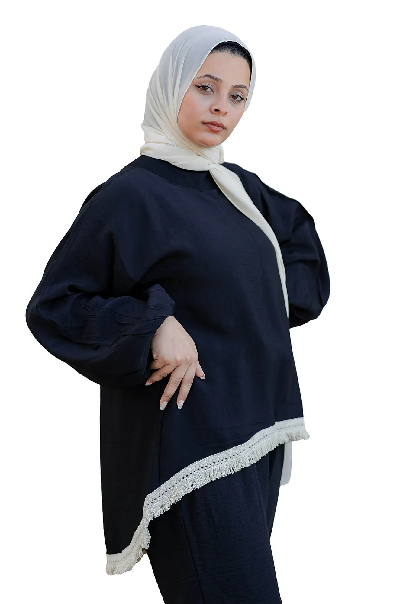 Black Linen Blouse with Fringe Hem