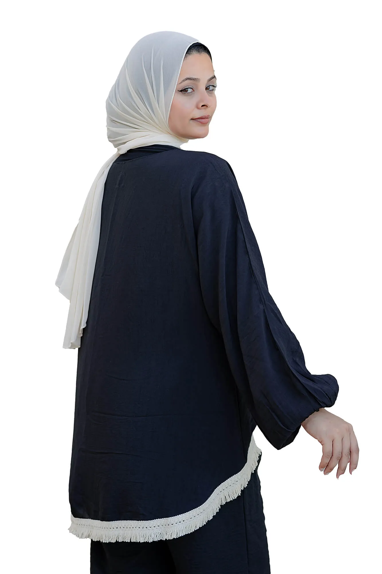 Black Linen Blouse with Fringe Hem