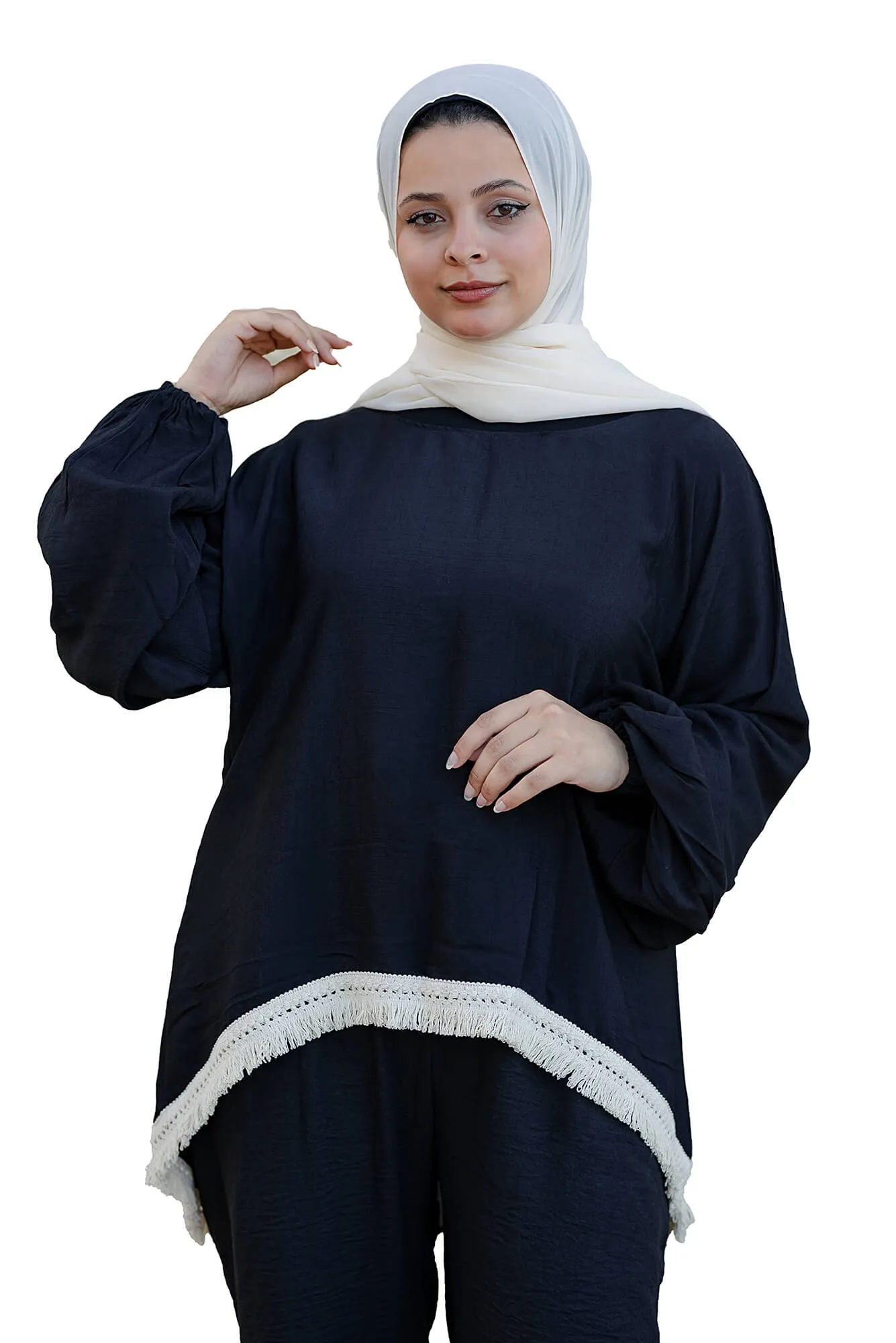 Black Linen Blouse with Fringe Hem