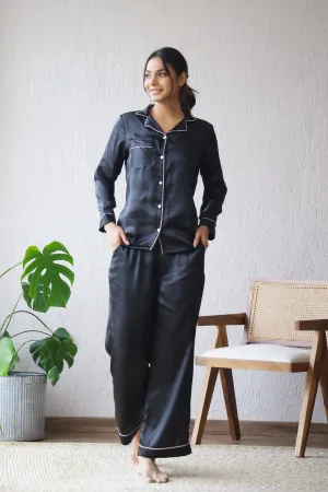 Black Satin Night Suit - Button-Down Shirt & Trousers