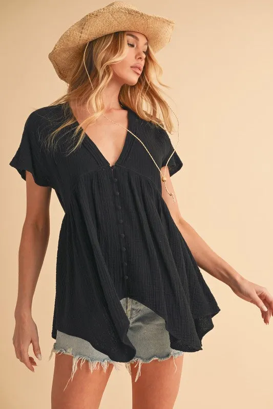 Black Tuck Detail V-Neck Short Sleeve Blouse