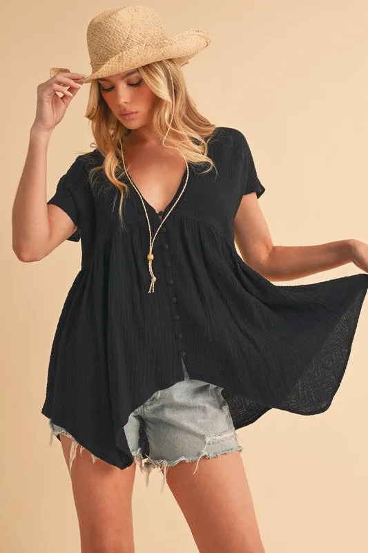 Black Tuck Detail V-Neck Short Sleeve Blouse