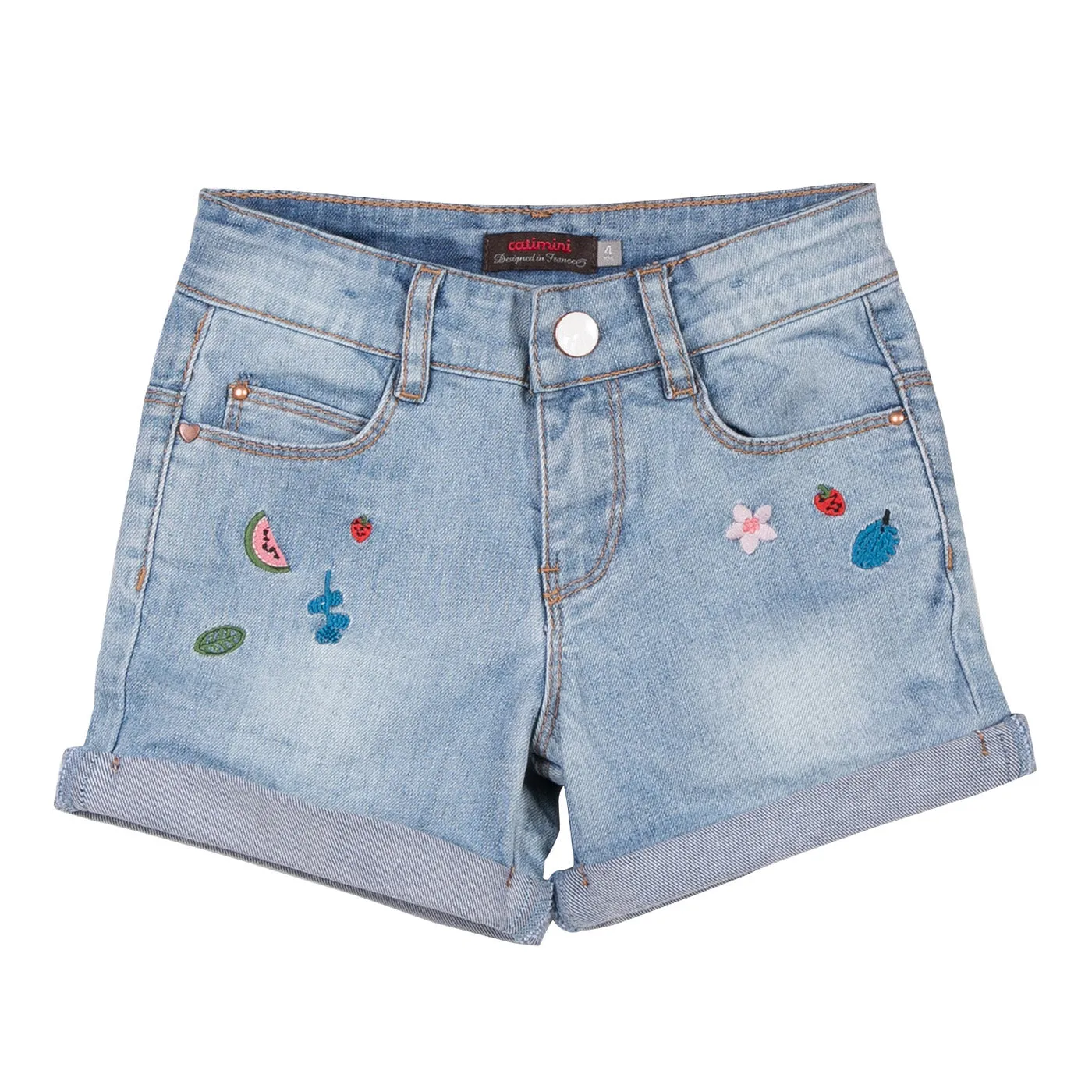 Bleached Denim Shorts with Embroidery