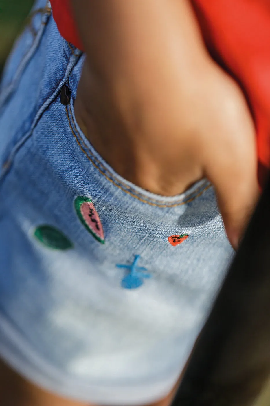 Bleached Denim Shorts with Embroidery