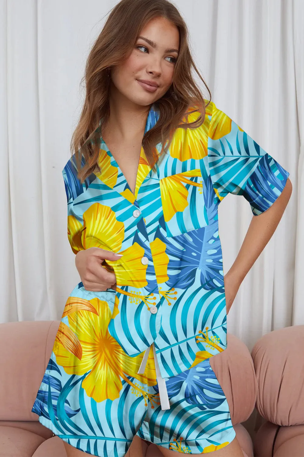 Blue Tropica – Hibiscus Breeze Satin Pajama Set