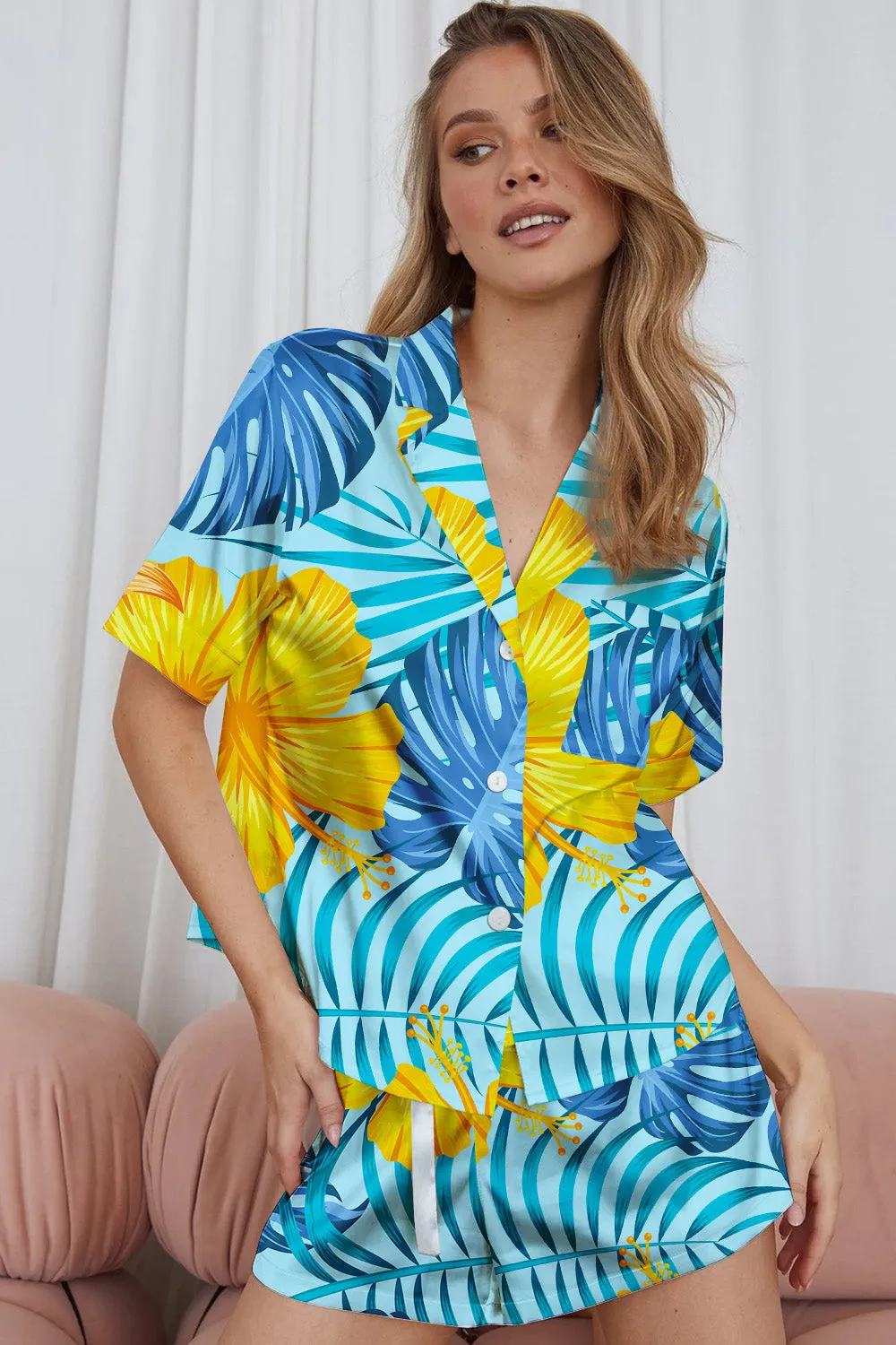Blue Tropica – Hibiscus Breeze Satin Pajama Set