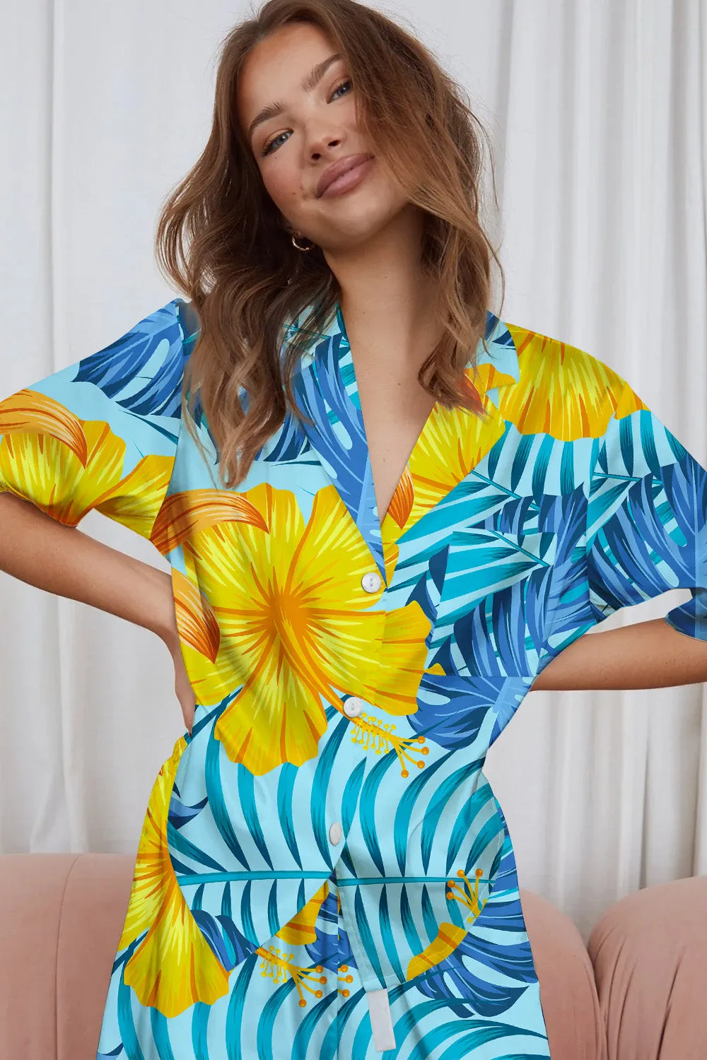 Blue Tropica – Hibiscus Breeze Satin Pajama Set
