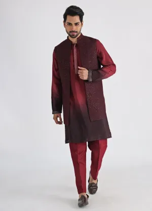 Brown Embroidered Nehru Jacket With Kurta Set
