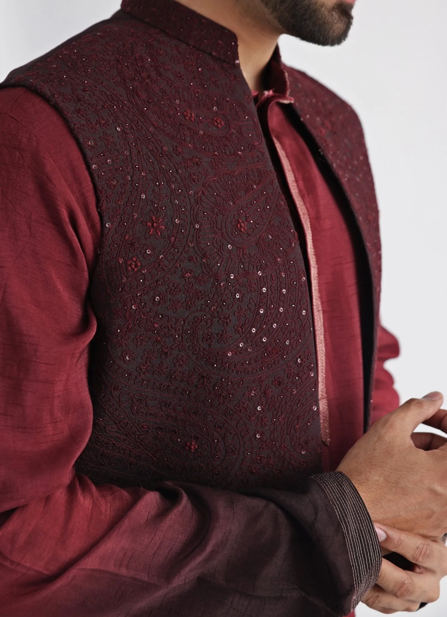 Brown Embroidered Nehru Jacket With Kurta Set