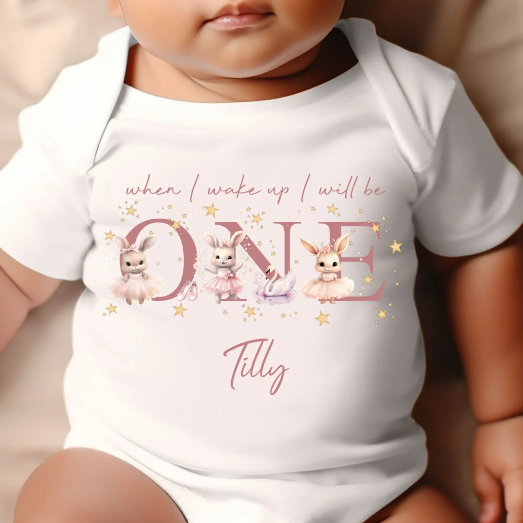 Bunny Ballerina Birthday sleepsuit, Birthday vest, When I wake up I’ll be One, 1st Birthday, My First Birthday Romper, Dancer Baby Outfits