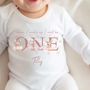 Bunny Ballerina Birthday sleepsuit, Birthday vest, When I wake up I’ll be One, 1st Birthday, My First Birthday Romper, Dancer Baby Outfits
