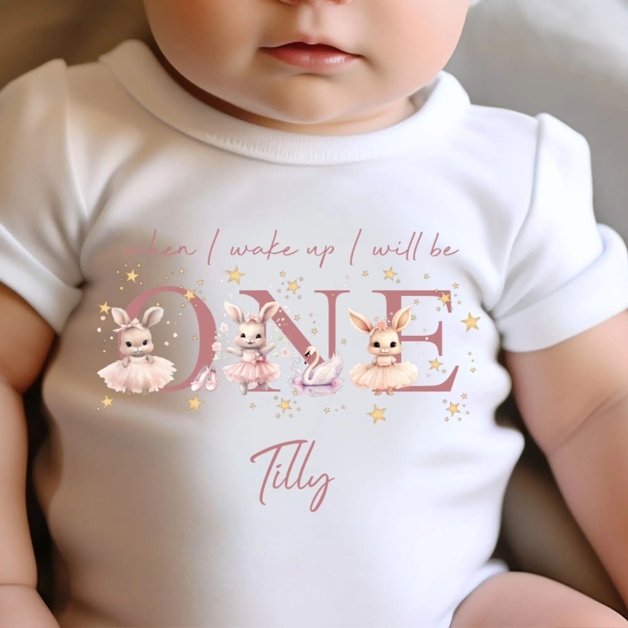 Bunny Ballerina Birthday sleepsuit, Birthday vest, When I wake up I’ll be One, 1st Birthday, My First Birthday Romper, Dancer Baby Outfits
