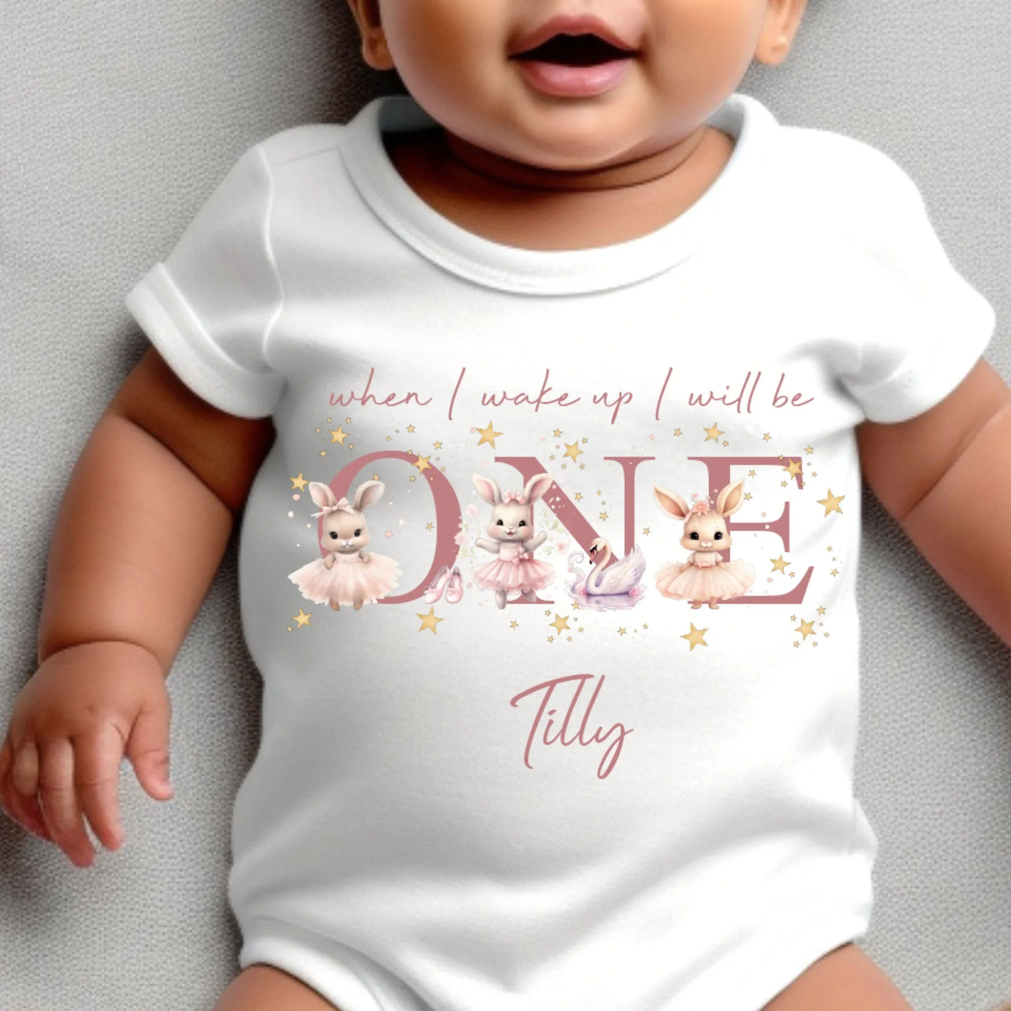 Bunny Ballerina Birthday sleepsuit, Birthday vest, When I wake up I’ll be One, 1st Birthday, My First Birthday Romper, Dancer Baby Outfits