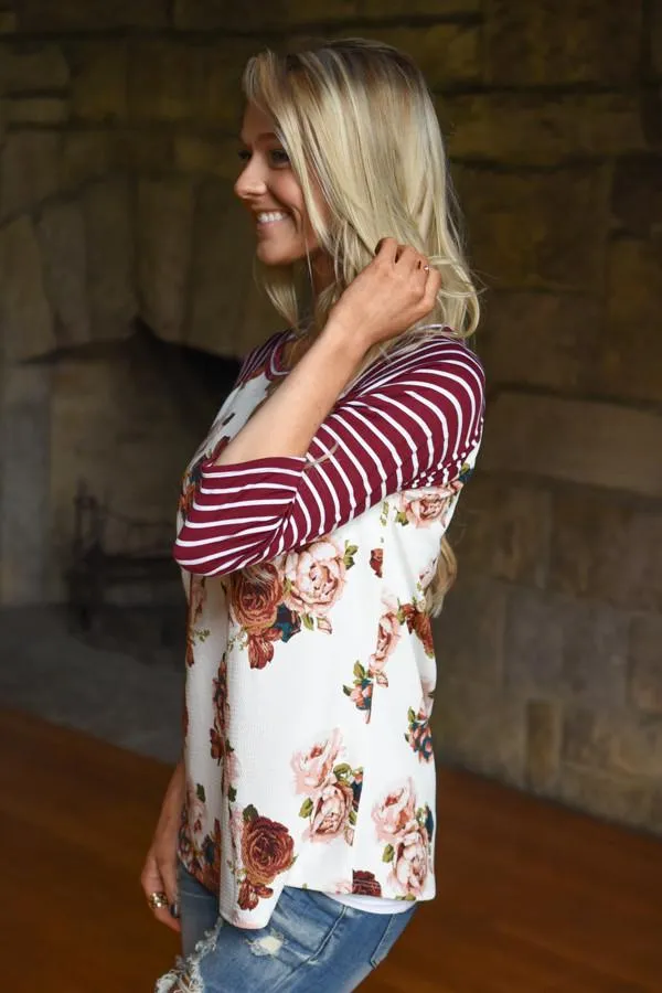 Burgund Floral Top w/Striped Sleeves