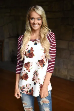 Burgund Floral Top w/Striped Sleeves