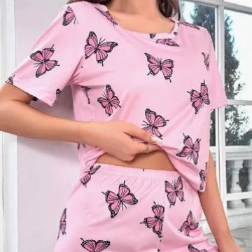 Butterfly Print T-shirt And Shorts Girl Short Sleeve Shorts Pajamas Suit