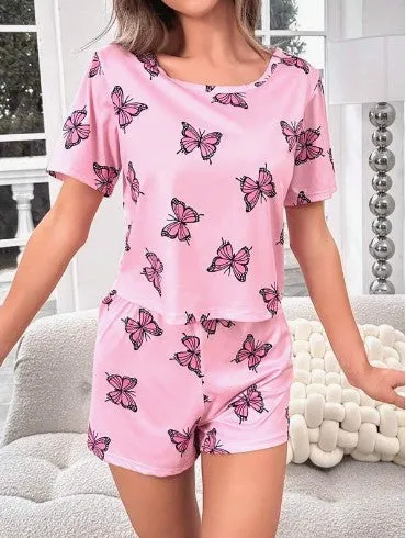 Butterfly Print T-shirt And Shorts Girl Short Sleeve Shorts Pajamas Suit