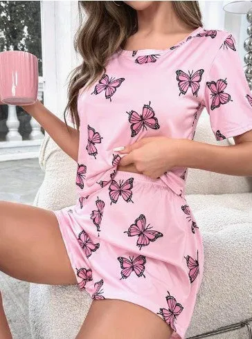 Butterfly Print T-shirt And Shorts Girl Short Sleeve Shorts Pajamas Suit