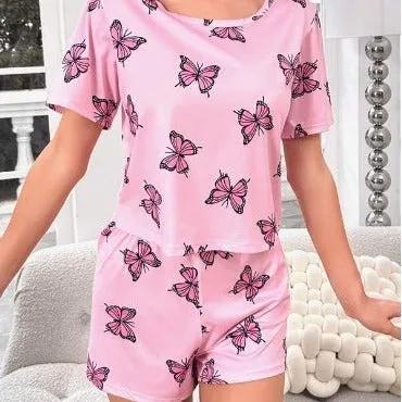 Butterfly Print T-shirt And Shorts Girl Short Sleeve Shorts Pajamas Suit