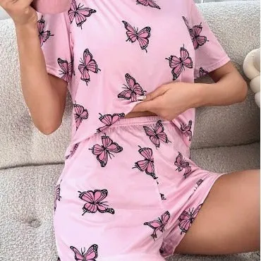Butterfly Print T-shirt And Shorts Girl Short Sleeve Shorts Pajamas Suit
